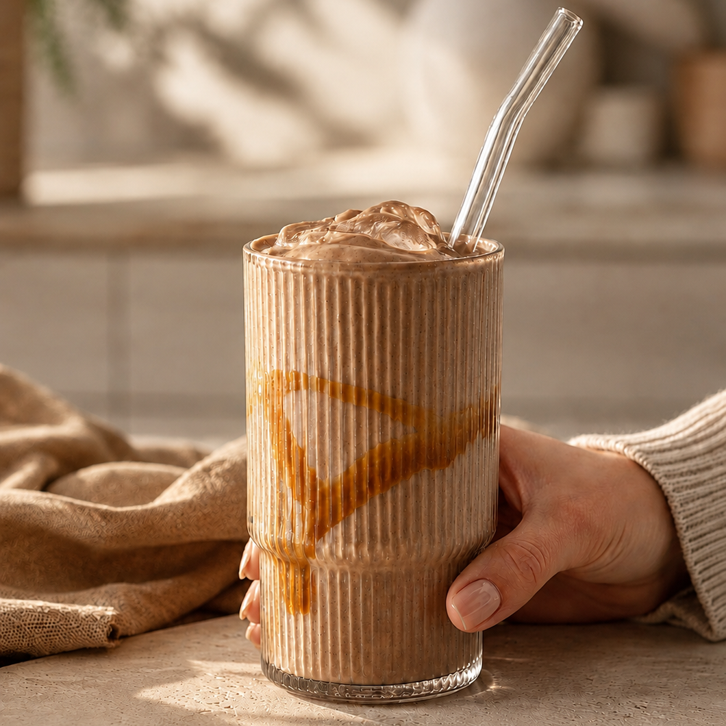 A hand holds a ribbed clear glass filled with a light brown iced coffee or latte, topped with whipped cream and a clear glass straw, on a stone surface in a warm, sunlit interior.