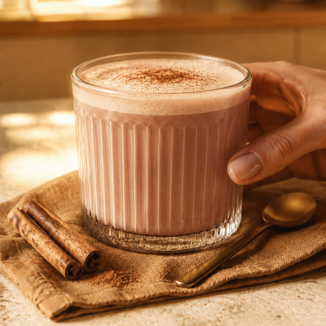 A hand holds a ribbed clear glass filled with a frothy pinkish-brown beverage, topped with a dusting of cocoa powder. The glass sits on a textured beige cloth with cinnamon sticks and a spoon on a warm, sunlit kitchen counter.